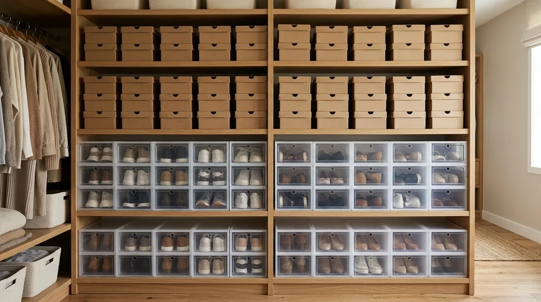 Begehbarer Kleiderschrank mit einem Regal voller gestapelter Schuhboxen – oben Kartons, unten durchsichtige Kunststoffboxen mit Sneakern