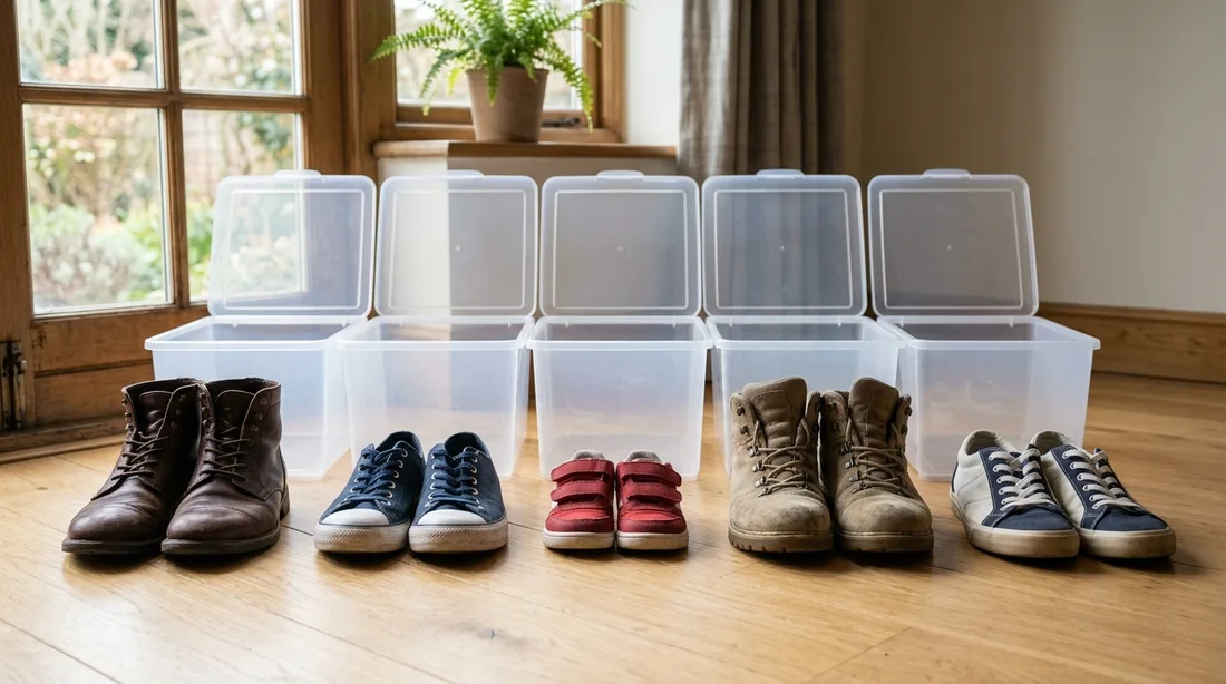 Schuhe unterschiedlicher Größe vor mehreren offenen, leeren Aufbewahrungsboxen
