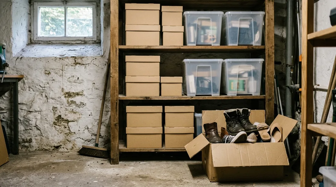 Kellerregal mit Aufbewahrungsboxen aus Kunststoff und Karton, davor ein offener Karton mit Stiefeln und Schuhen