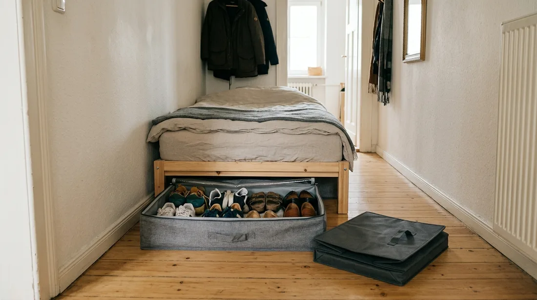 Flache Unterbettbox mit Schuhen unter einem Bett, daneben eine zusammengefaltete Box