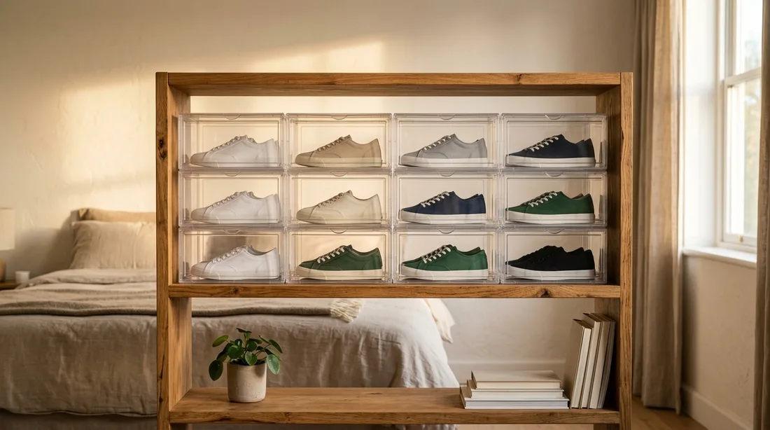 Mehrere Sneaker einzeln in durchsichtigen Aufbewahrungsboxen auf einem Regal